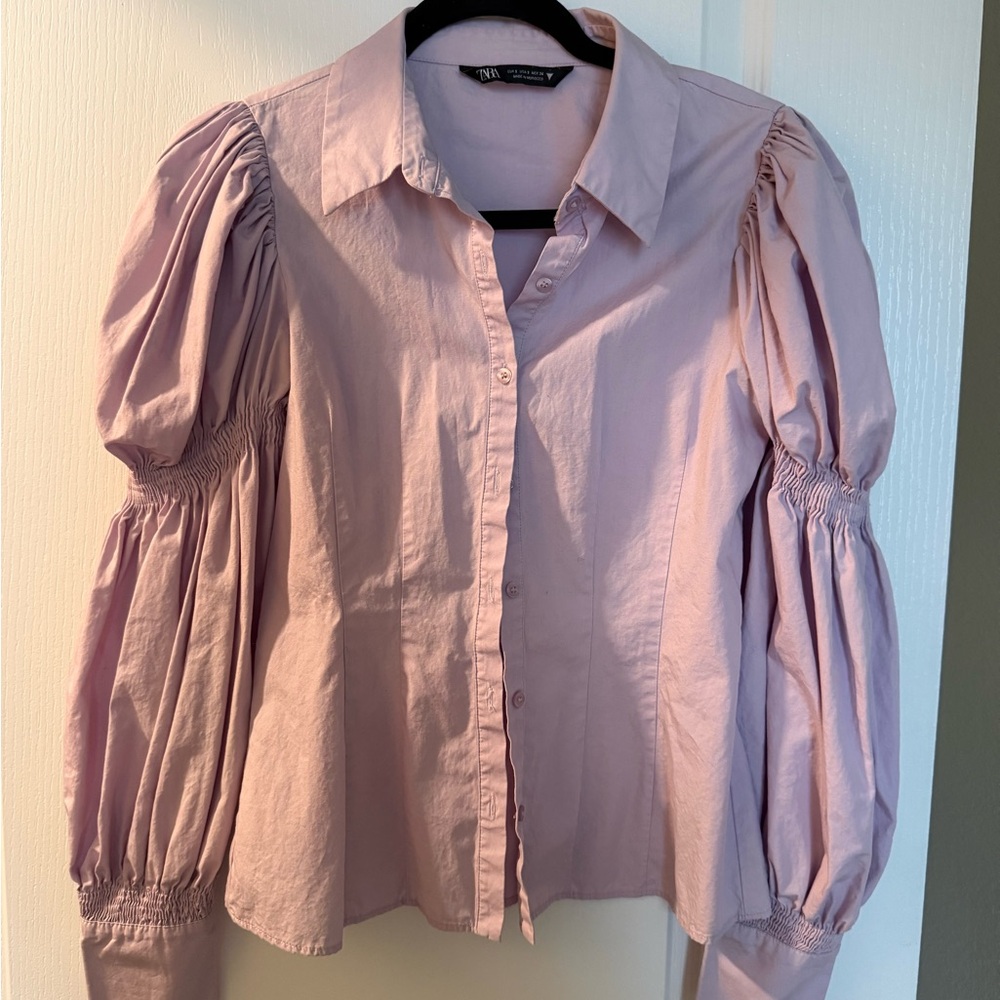 Zara Lavender Button Down Puff Sleeve Shirt